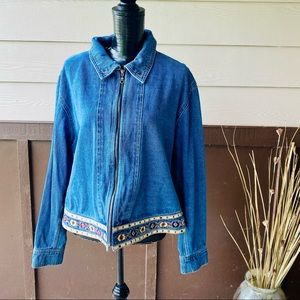 Vintage BOHO Embroidered Trim Detail Denim Jean Jacket Agapo Large Zip Up Tribal
